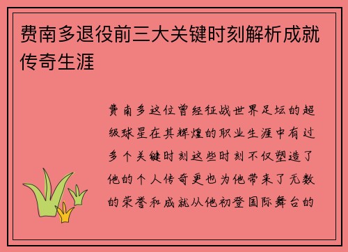 费南多退役前三大关键时刻解析成就传奇生涯
