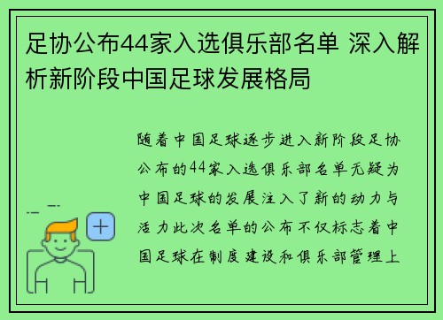 足协公布44家入选俱乐部名单 深入解析新阶段中国足球发展格局